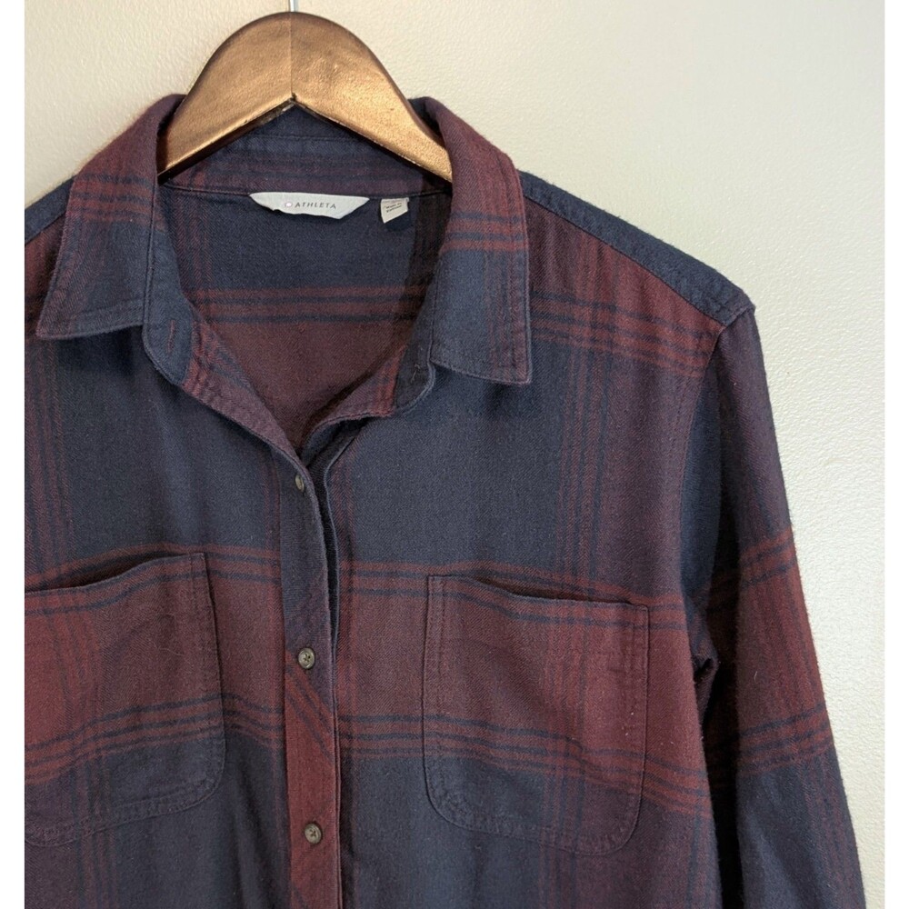 Athleta Lumberjill Flannel Shirt Womens Small S Plaid Blue Burgundy Button Up LS